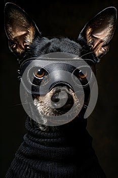 Tiny dog with black mask and sweater, breed toy dog, cute whiskers and fawn fur