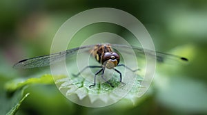 Tiny dragonfly on a leaf with soft green backdrop