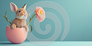 A tiny Easter bunny in an eggshell with a delicate flower, set against a blue background