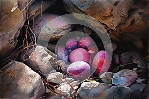 A of tiny eggshaped magenta pebbles nestled in a crevice. Trendy color of 2023 Viva Magenta.. AI generation photo