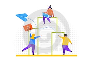 Tiny employees working online. Communication, internet, freedom flat vector illustration. Freelance and network concept for banner