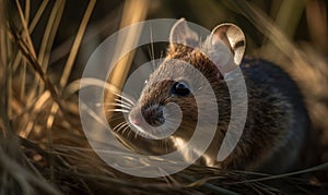 Tiny Explorer Photo of house mouse captured in a moment of stillness amidst a patch of tall grass. lighting illuminating its soft