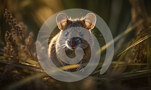 Tiny Explorer Photo of house mouse captured in a moment of stillness amidst a patch of tall grass. lighting illuminating its soft