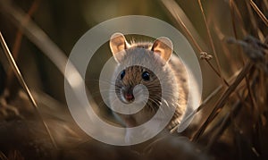 Tiny Explorer Photo of house mouse captured in a moment of stillness amidst a patch of tall grass. lighting illuminating its soft