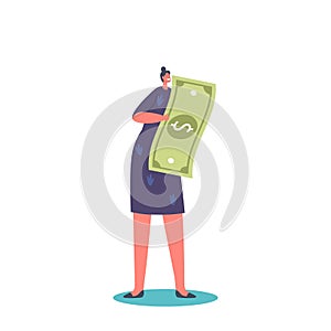 Tiny Female Character Carry Huge Dollar Banknote. Online Payment, Donation, Money Transaction Concept