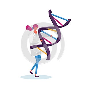 Tiny Female Character Carry Huge Human Dna Spiral Model. Doctor Conduct Laboratory Genetics Research Medicine Testing