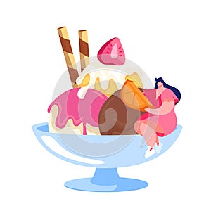 Tiny Female Character Decorate Ice Cream with Sweets, Fruits and Berries Sitting on Huge Bowl. Delicious Sweet Dessert