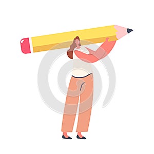 Tiny Female Character with Huge Pencil Isolated on White Background. Writer, Businesswoman, Secretary, Artist Occupation