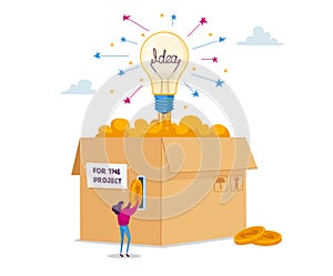 Tiny Female Character Insert Golden Money Coins at Huge Carton Box with Glowing Lightbulb Sponsoring Creative Business