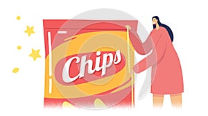 Tiny Female Character Measuring Huge Chips Package with Tape, Woman Presenting Marketing Tricks with Fake Product