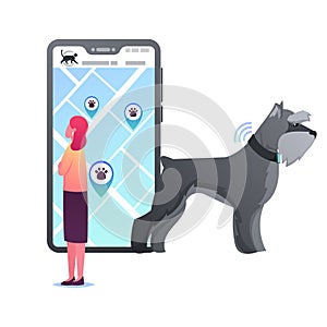 Tiny Female Character Stand at Huge Smartphone with GPS Navigation App for Pets. Woman Look on Mobile Phone