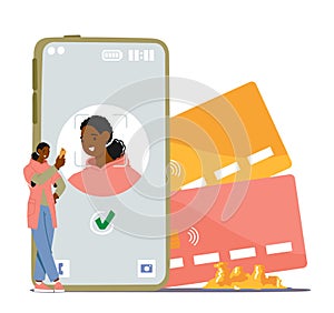 Tiny Female Character Standing Next To A Huge Phone with Face Recognition System Displayed on Screen Vector Illustration