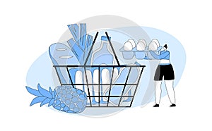 Tiny Female Customer Character In Grocery Or Supermarket With Goods In Shopping Basket Hold Eggs Package