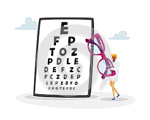 Tiny Female Doctor Carry Huge Eyeglasses front of Chart for Vision Checkup. Eyes Diseases Treatment and Diagnostics