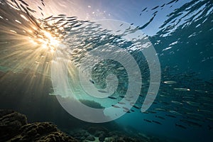 Tiny fish schooling just below the surface of the ocean with the sun streaming through photo