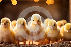 Tiny Flock: Group of Chicks Thriving Indoors in Farm Yard. Generative ai