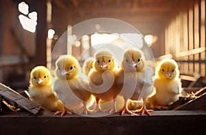 Tiny Flock: Group of Chicks Thriving Indoors in Farm Yard. Generative ai