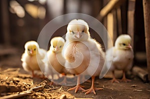 Tiny Flock: Group of Chicks Thriving Indoors in Farm Yard. Generative ai