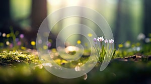 Tiny flowers blooming on forest floor in springtime, blurred bokeh background.