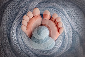 The tiny foot of a newborn baby Soft feet of a new born in a blue blanket. Close up of toes, heels and feet of a newborn