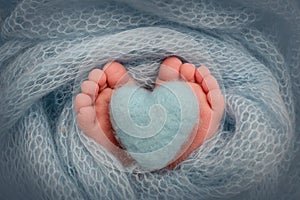 The tiny feet of a newborn baby. Soft feet of a new born in a blue blanket. Knitted blue heart in the legs of a baby photo