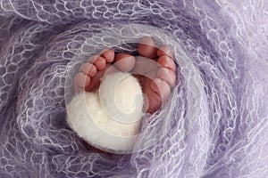 The tiny foot of a newborn baby. Soft feet of a new born in a lilac, purple wool blanket.