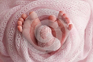 The tiny foot of a newborn baby. Soft feet of a new born in a pink wool blanket.