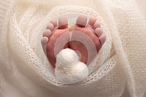 The tiny foot of a newborn baby Soft feet of a new born in a white blanket Close up of toes, heels and feet of a newborn