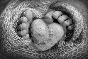 The tiny foot of a newborn baby. Soft feet of a new born in a wool blanket.
