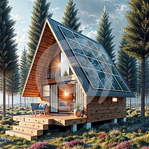 Tiny Forest Sanctuary: Solar-Powered Cottage Nestled in the Woods, generative ai