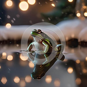 A tiny frog in a Christmas turtleneck sweater, leaping near a pond dusted with snow1