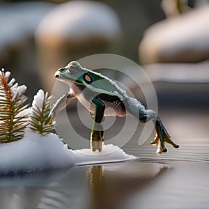 A tiny frog in a Christmas turtleneck sweater, leaping near a pond dusted with snow2
