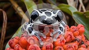 Tiny frog on vibrant red flower cluster