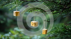 Tiny gift boxes hanging on a Christmas tree branch .