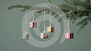 Tiny gift boxes hanging on a Christmas tree branch .