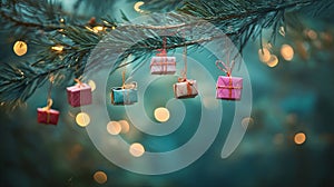 Tiny gift boxes hanging on a Christmas tree branch .