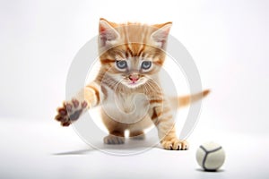 Tiny ginger kitten plays with a ball on a white background