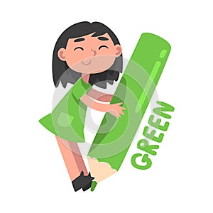 Tiny Girl Holding Huge Green Pencil, Cute Girl in Green Dress Drawing with Large Crayon Cartoon Style Vector