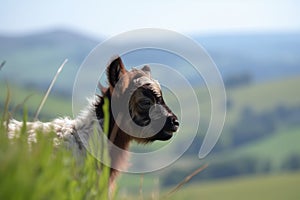 Pequeno una cabra su en amanecer de laminación verde sierras 