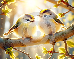 Tiny Golden-crowned Kinglets Springtime Morning Sunrise Tree Branch Small Birds AI Generated