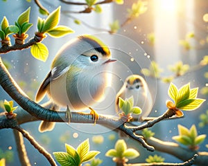 Tiny Golden-crowned Kinglets Springtime Morning Sunrise Tree Branch Small Birds AI Generated