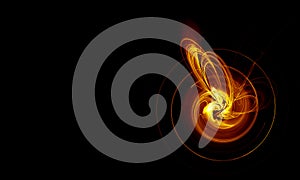 Tiny golden red yellow spiral with blazing burning hearth and sparks in the center of it on black background.