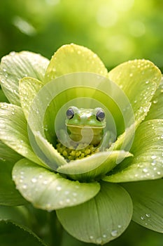 Tiny Green Frog Resting Inside Blooming Flower With Fresh Dew Drops