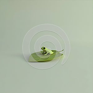 Tiny Green Frog Sits on a Large Green Leaf with a Soft Background
