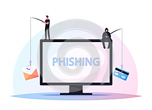 Tiny Hackers Male Characters Sitting on Huge Computer with Rods Phishing via Internet, Email Spoofing, Fishing Messages