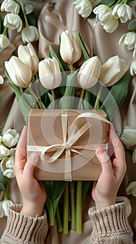 hands hold wrapped gift and tulips. Mother\'s Day gift photo