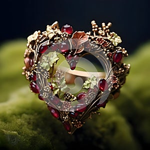 Tiny heart with gold ornaments, leaves and tiny red rubies green background. Heart as a symbol of affection and