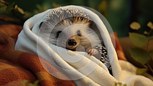 tiny hedgehog in a medical dressing gown, as if ready to receive first aid in a forest hospital
