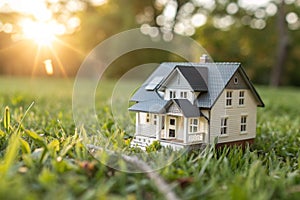 Tiny home model on grass with sunlight background