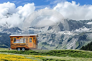 A tiny home on wheels in a picturesque landscape.